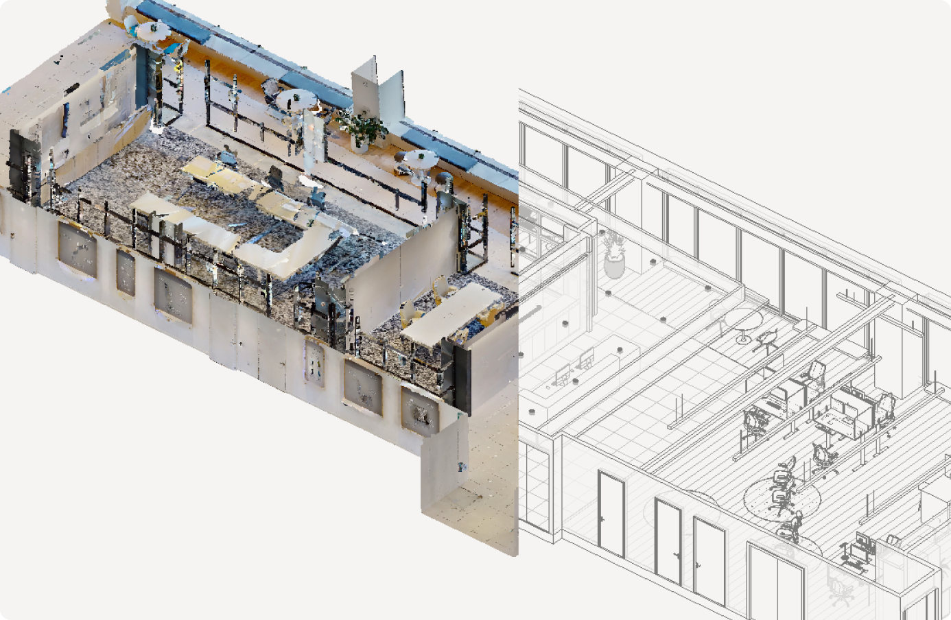 Digitaler Zwilling und CAD-Zeichnung im Vergleich: Links der Matterport 3D-Scan, rechts die abgeleitete technische Zeichnung