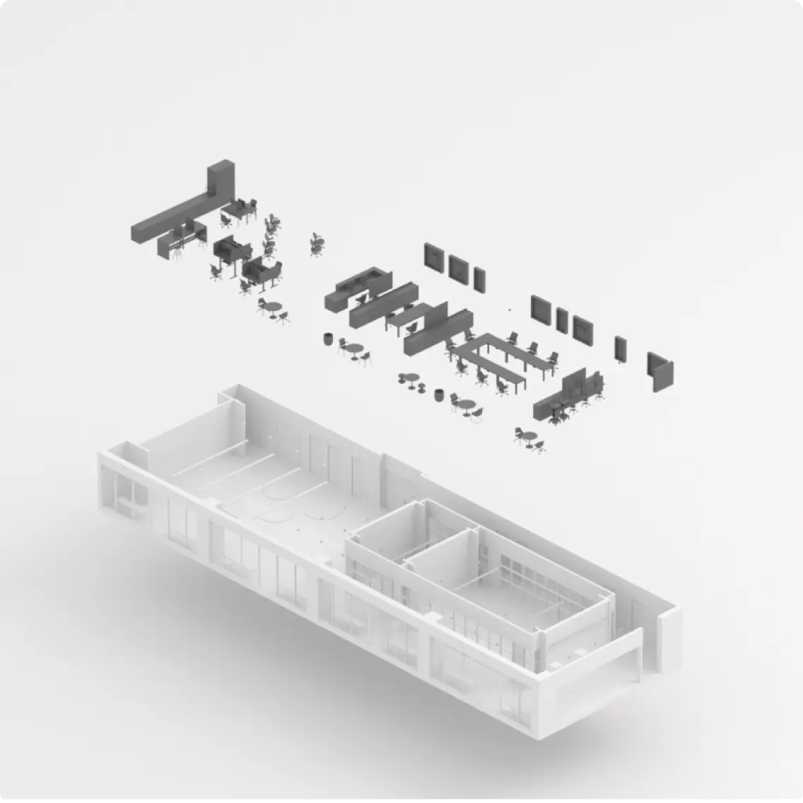 BIM Explosionsansicht: Architektur mit Inneneinrichtung, M&ouml;bel und Ausstattung