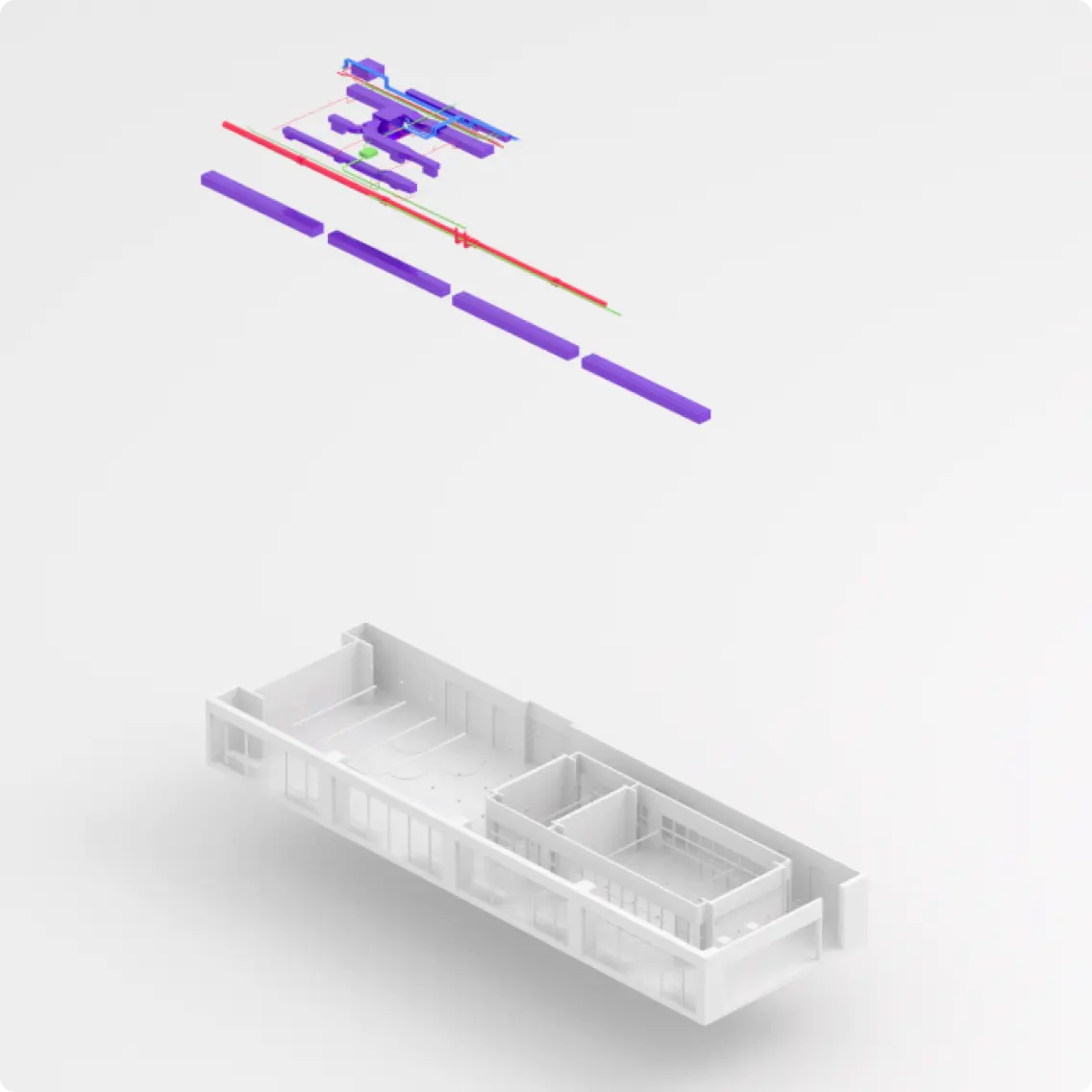 BIM Explosionsansicht: Architektur mit Haustechnik (MEP) &ndash; Leitungen, Rohre, Kan&auml;le