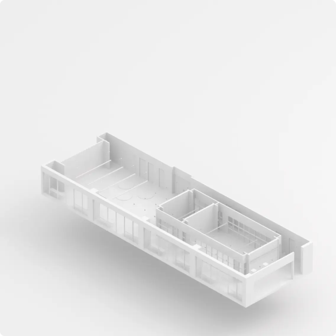BIM Explosionsansicht: Grundlegende Architektur mit Geb&auml;udeh&uuml;lle, W&auml;nden, Fenstern und T&uuml;ren