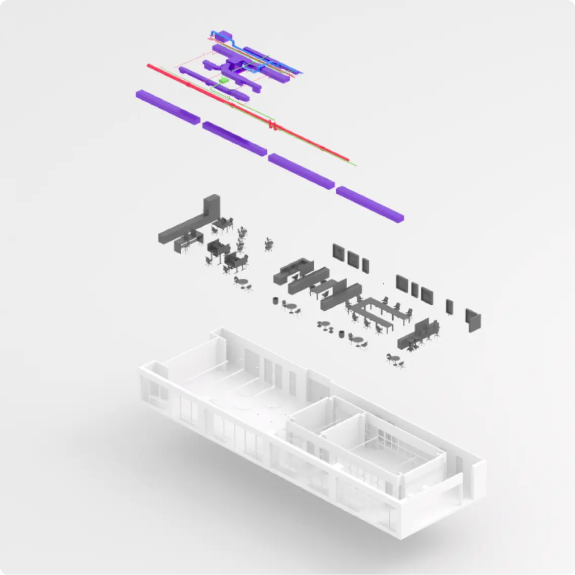 BIM Explosionsansicht: Vollst&auml;ndiges BIM-Modell mit Architektur, MEP und Inneneinrichtung